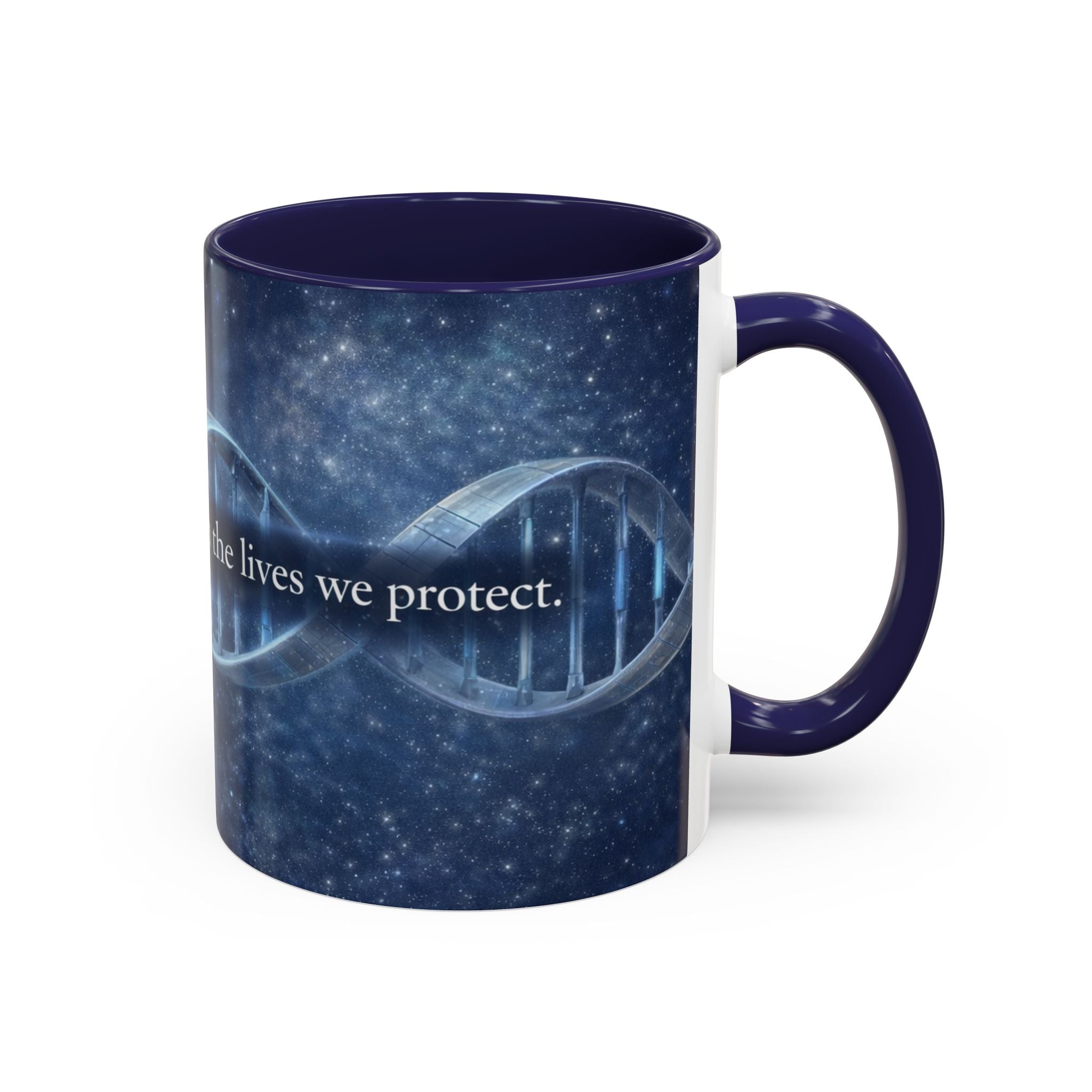 DNA Strand Coffee Mug — 'Built Through the Lives We Protect' Accent Mug