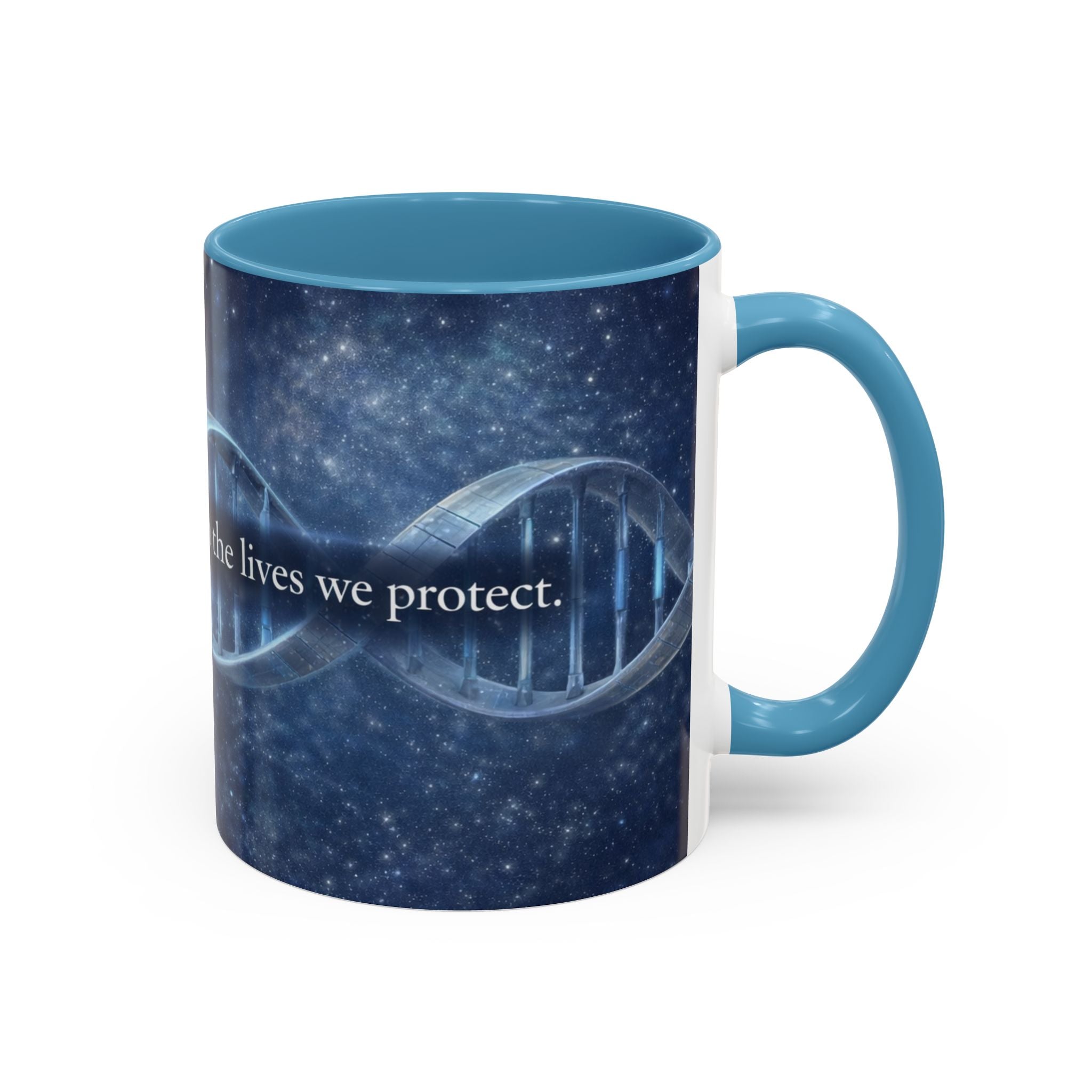 DNA Strand Coffee Mug — 'Built Through the Lives We Protect' Accent Mug