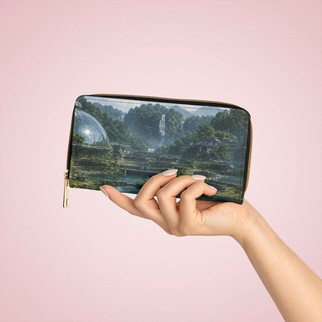Zipper Wallet - Futuristic Eco Cityscape Print, Waterfall & Dome Landscape Travel Wallet