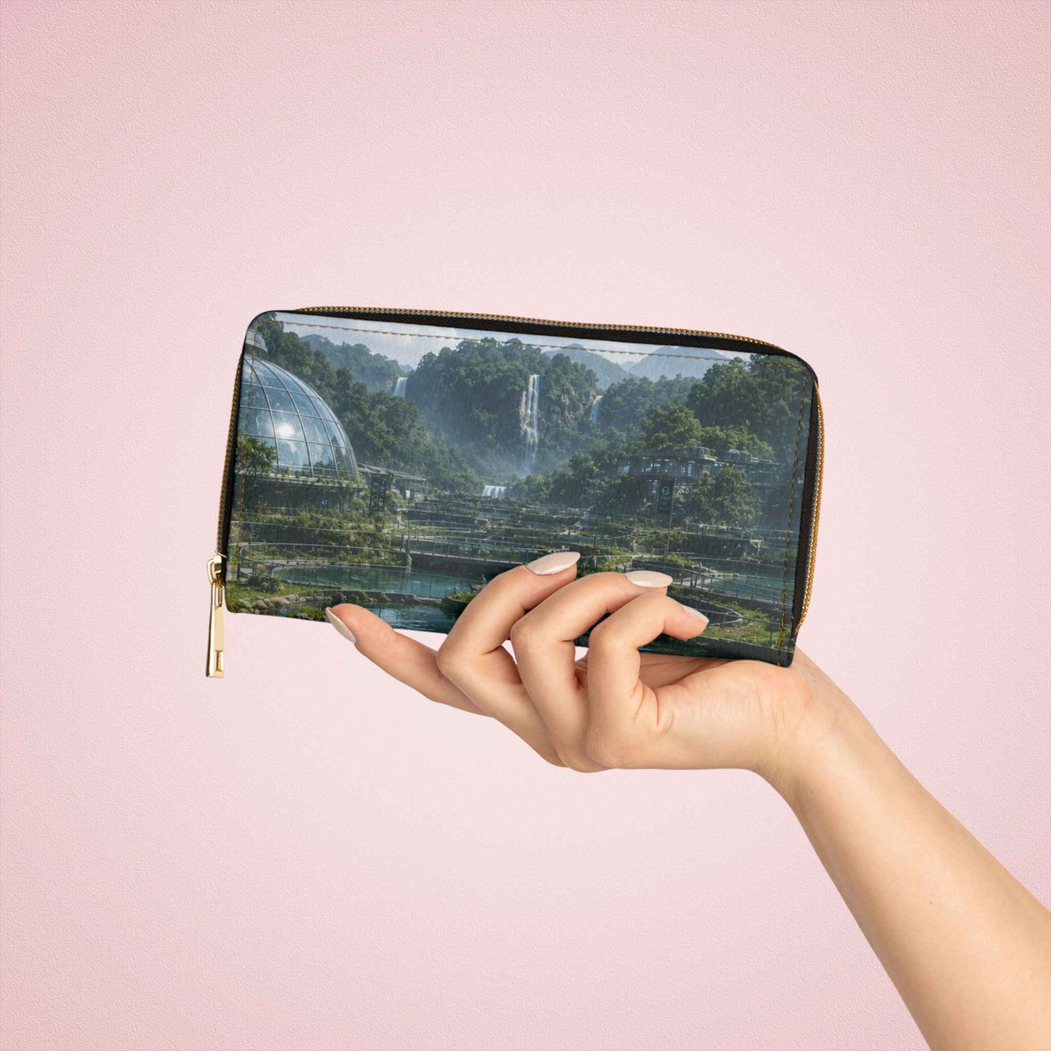 Zipper Wallet - Futuristic Eco Cityscape Print, Waterfall & Dome Landscape Travel Wallet