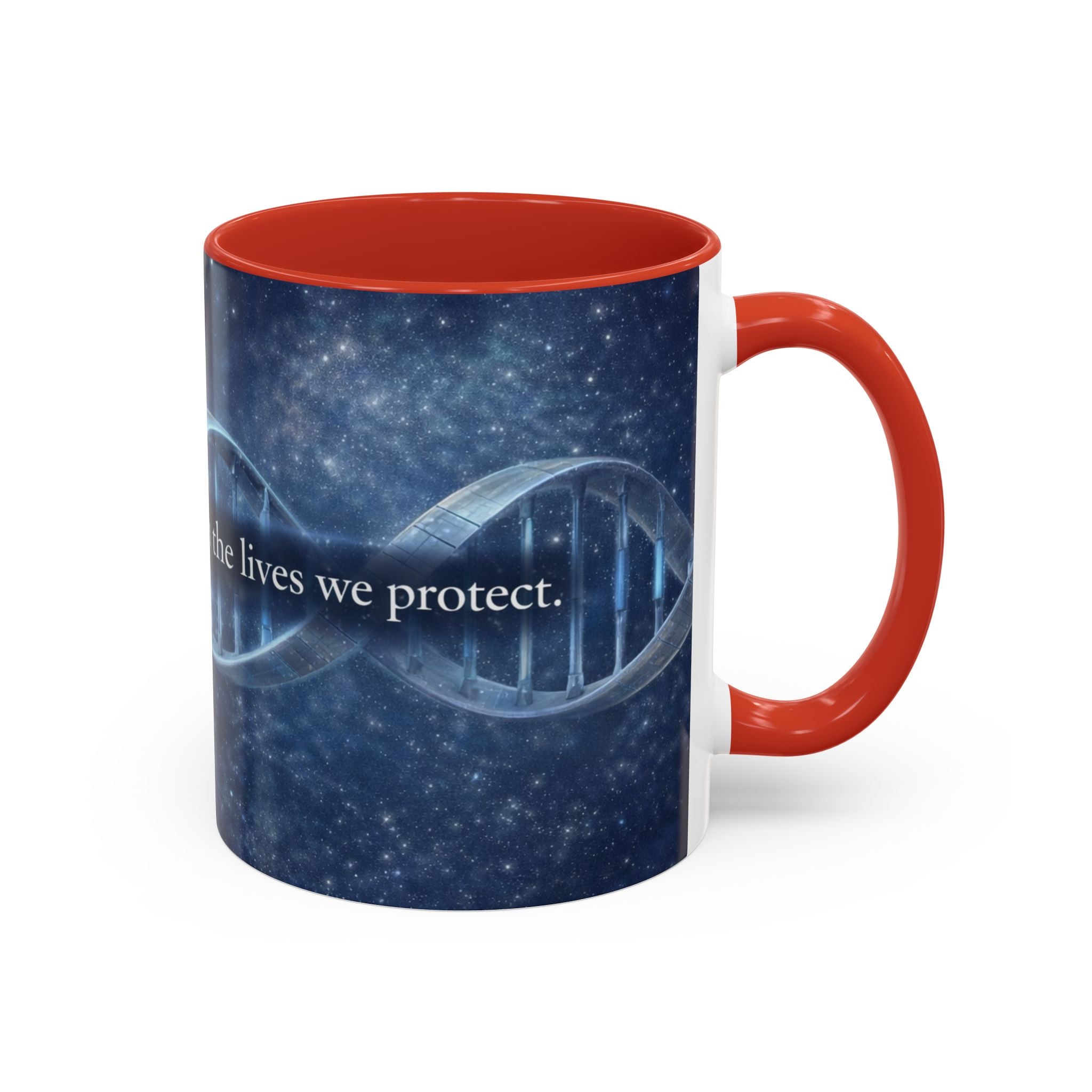 DNA Strand Coffee Mug — 'Built Through the Lives We Protect' Accent Mug