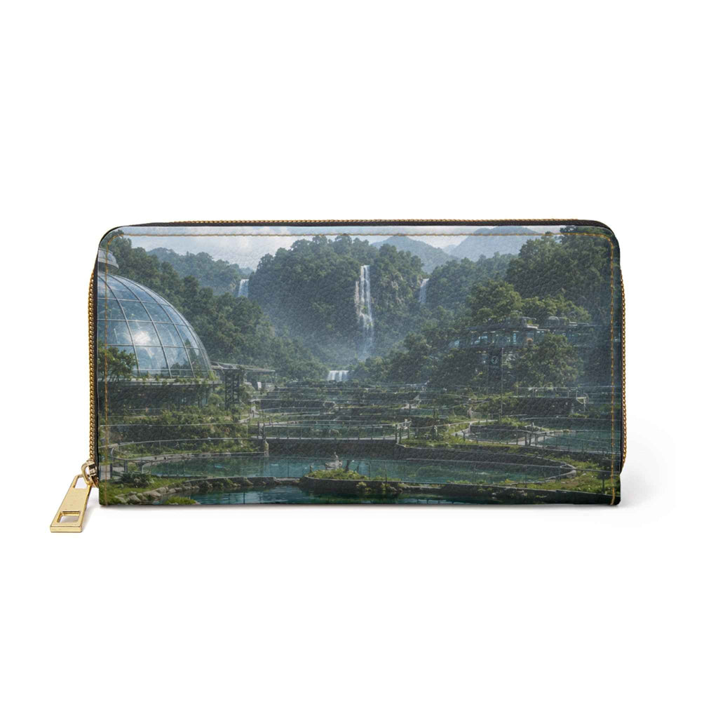 Zipper Wallet - Futuristic Eco Cityscape Print, Waterfall & Dome Landscape Travel Wallet