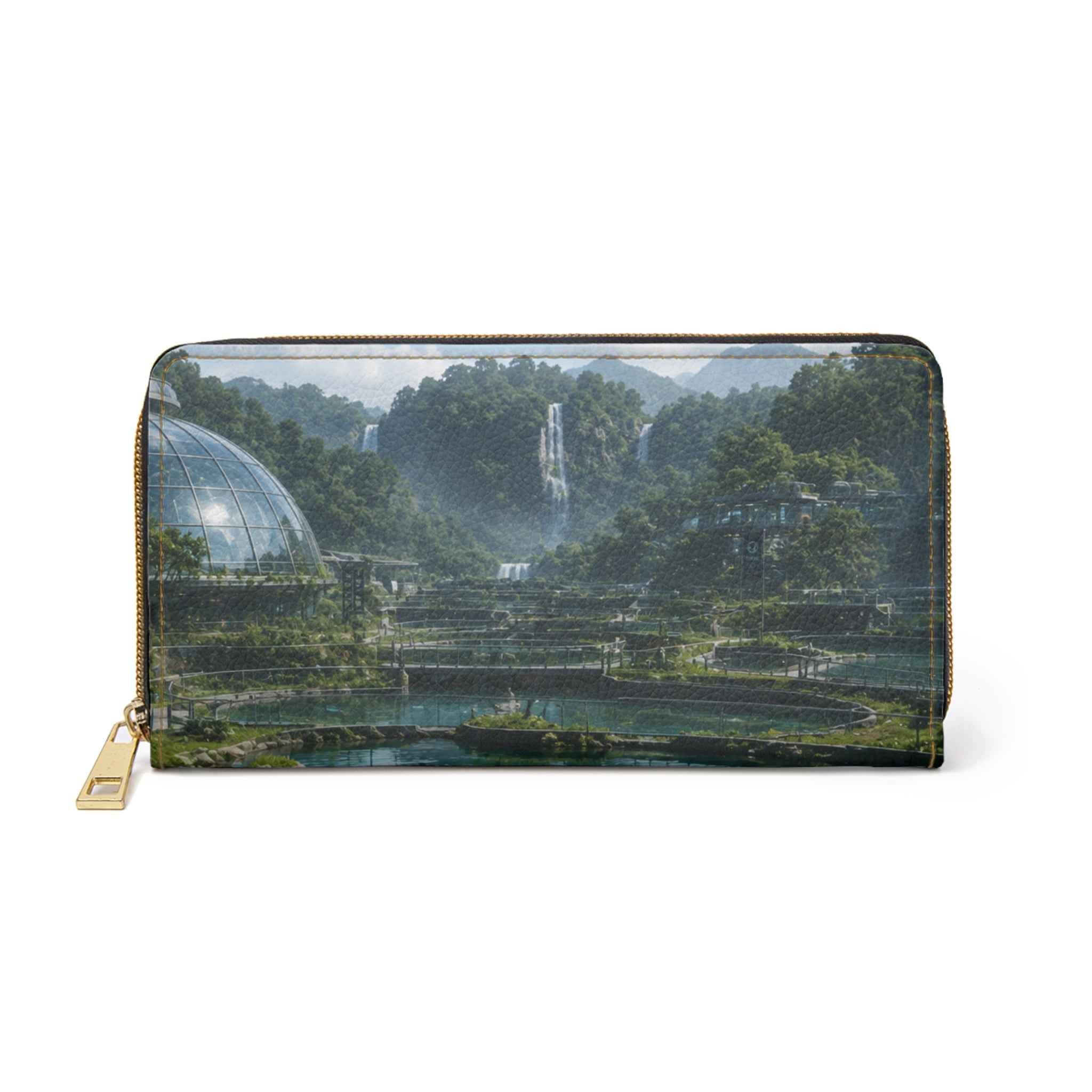 Zipper Wallet - Futuristic Eco Cityscape Print, Waterfall & Dome Landscape Travel Wallet