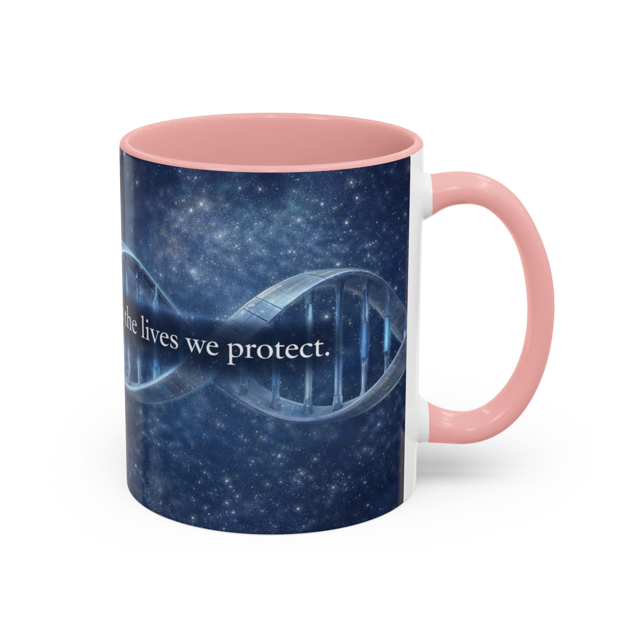 DNA Strand Coffee Mug — 'Built Through the Lives We Protect' Accent Mug