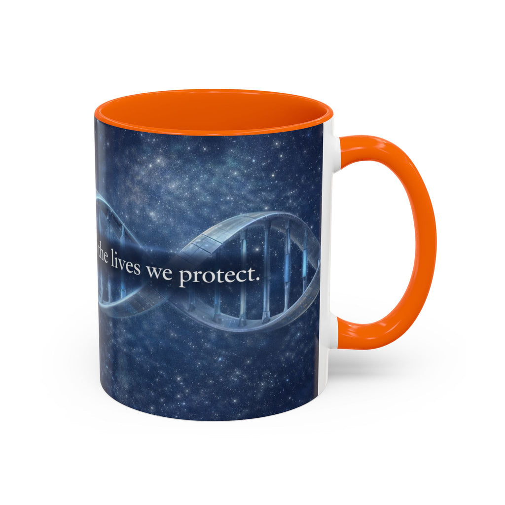 DNA Strand Coffee Mug — 'Built Through the Lives We Protect' Accent Mug