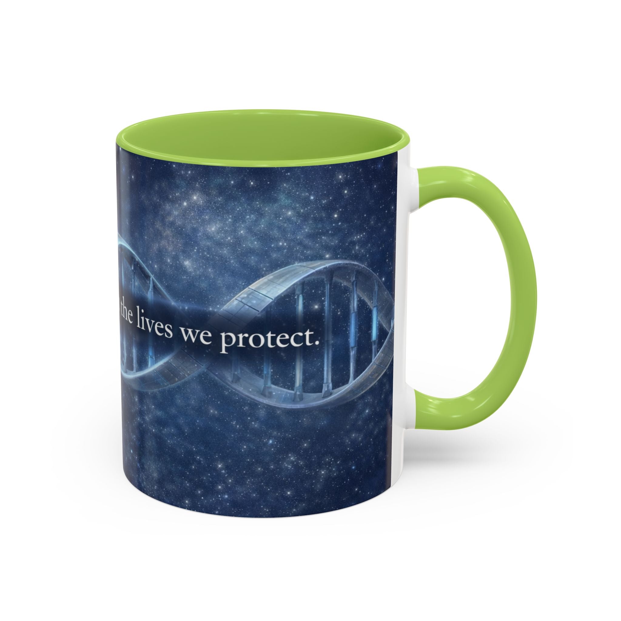 DNA Strand Coffee Mug — 'Built Through the Lives We Protect' Accent Mug
